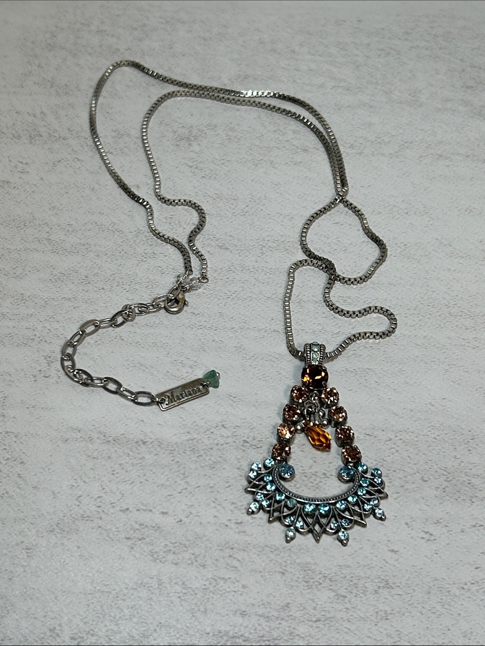 Mariana Vintage-Inspired Pendant Necklace with Blue and Amber Swarovski Crystals